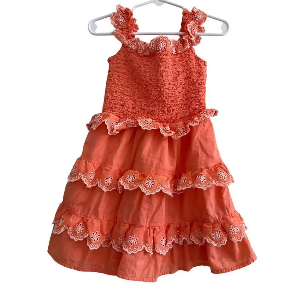 Gymboree Coral Smocked Dress Sleeveless Eyelet Ruffle Tired Girls 4T
